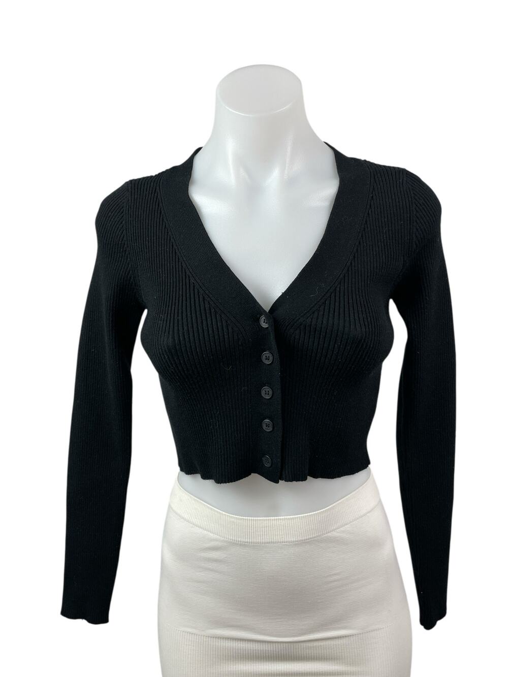 Windsor Black Ribbed Knit Long Sleeve V Neck Button Up Cardigan Crop Top Size S
